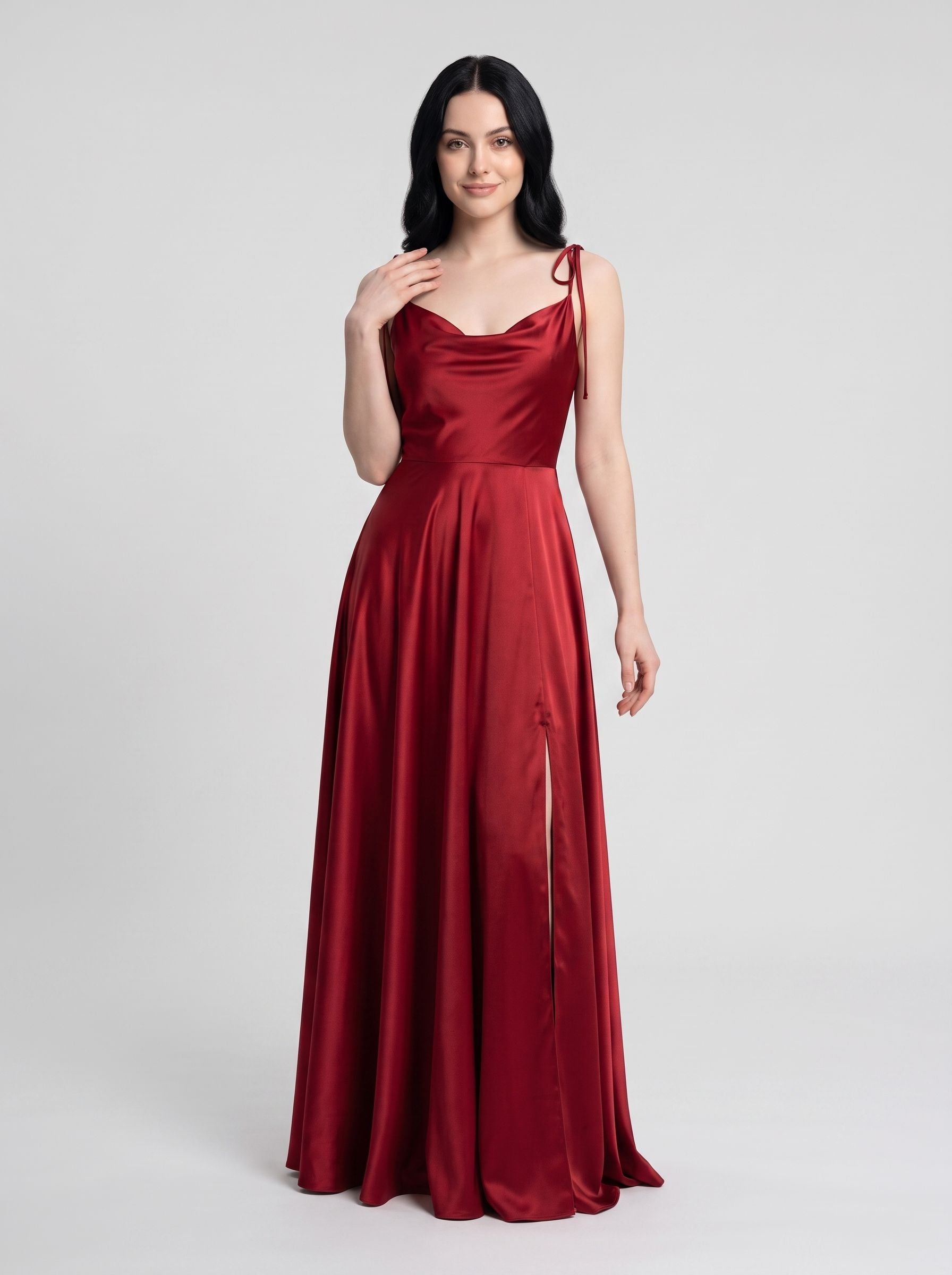 Red Satin A-Line Cowl Neck Back Zip Floor-Length Dress with Shoulder-tie bows and thigh-high side slit