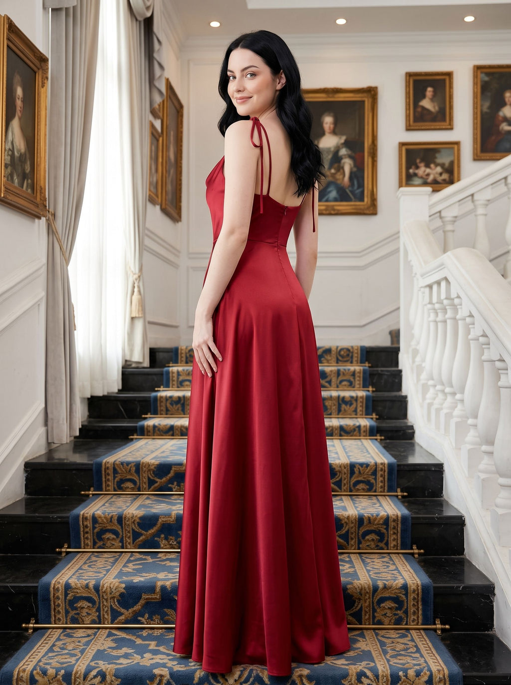 Red Satin A-Line Cowl Neck Back Zip Floor-Length Dress with Shoulder-tie bows and thigh-high side slit