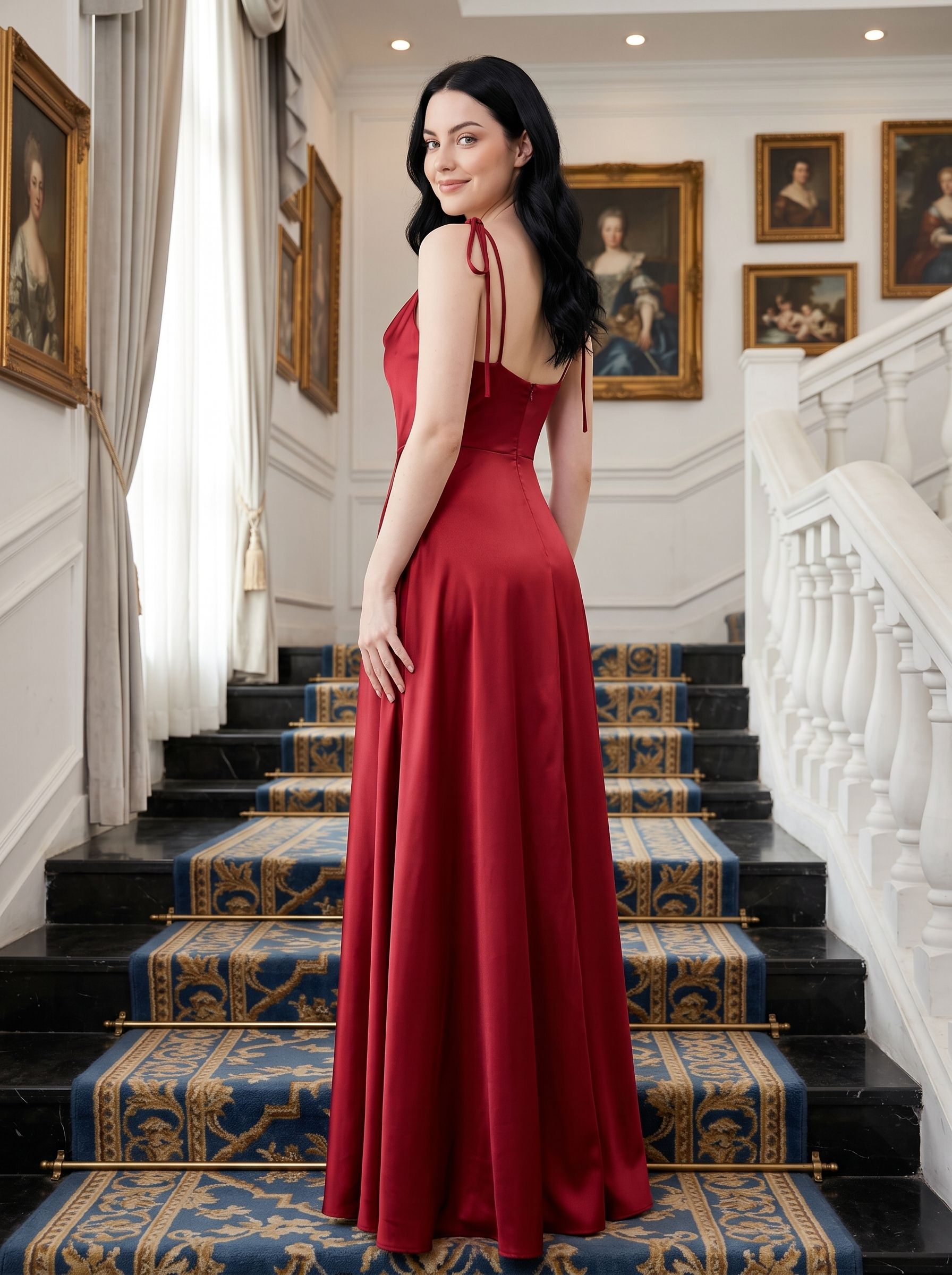 Red Satin A-Line Cowl Neck Back Zip Floor-Length Dress with Shoulder-tie bows and thigh-high side slit
