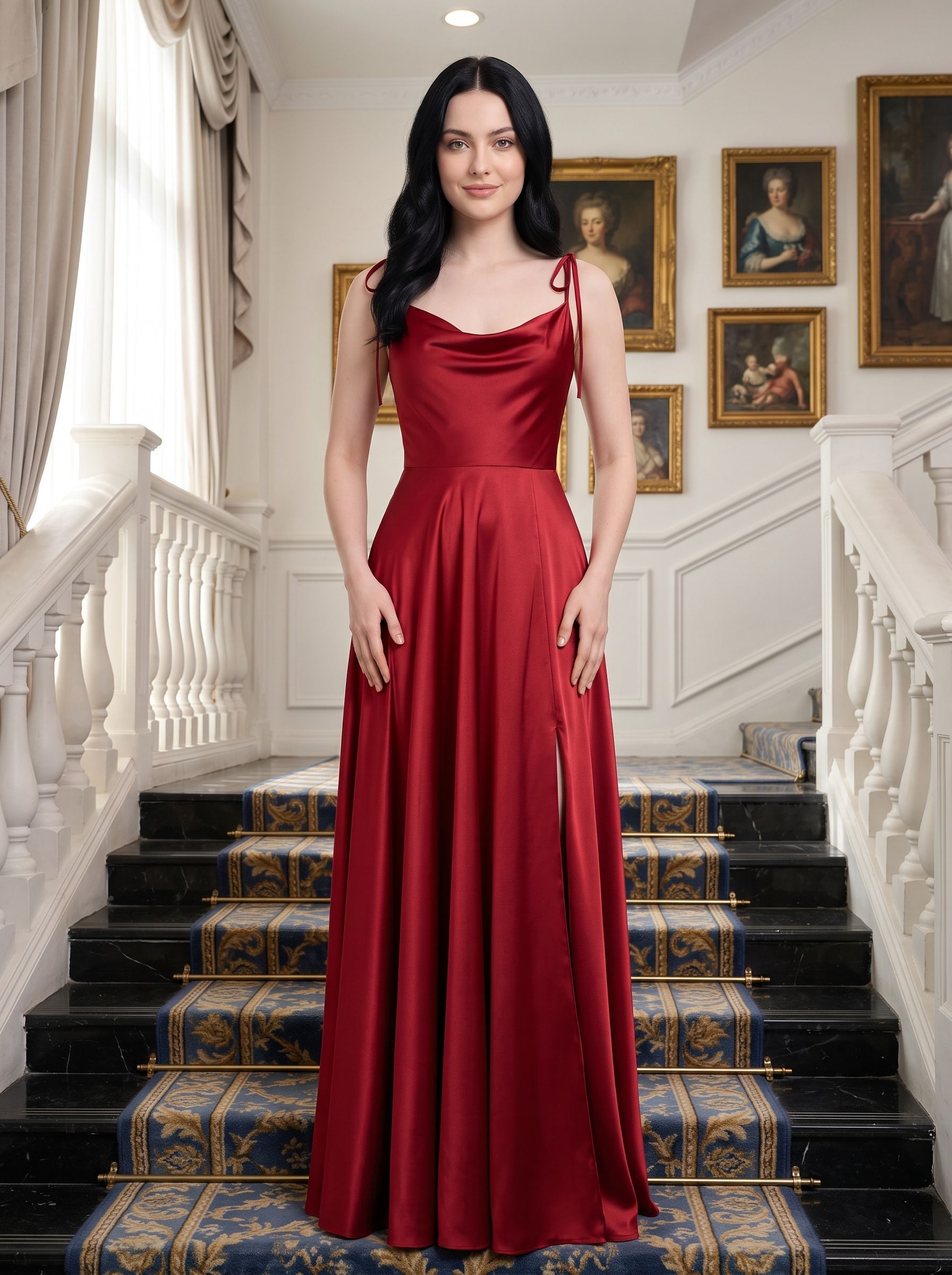 Red Satin A-Line Cowl Neck Back Zip Floor-Length Dress with Shoulder-tie bows and thigh-high side slit