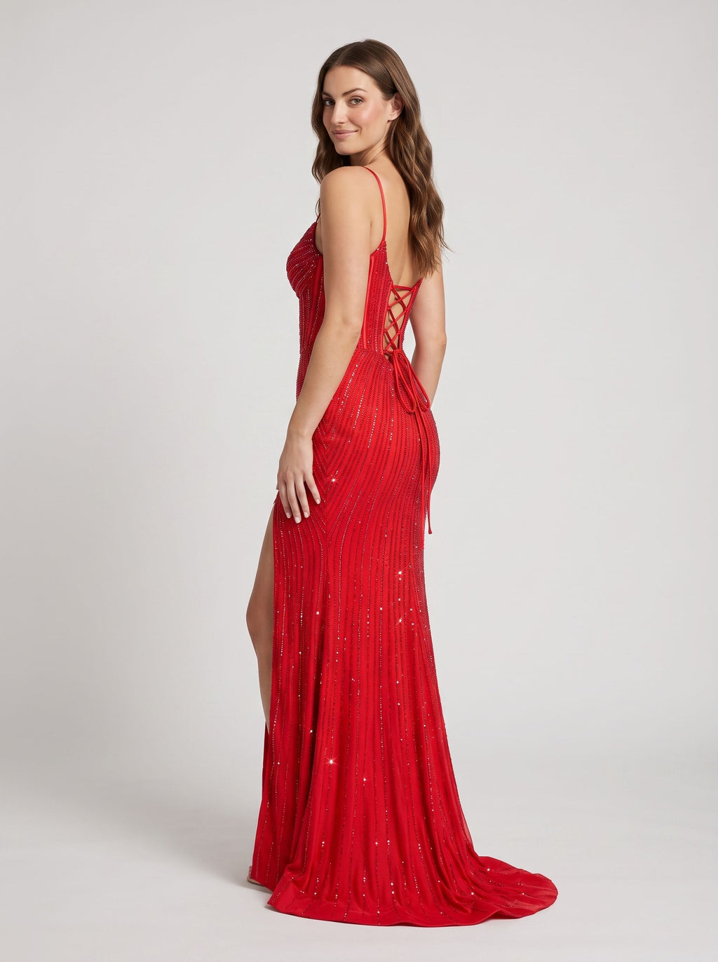 Red Satin Mermaid V-Neck Corset Back Floor-Length Dress with Beading and High Slit