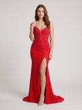 Red Satin Mermaid V-Neck Corset Back Floor-Length Dress with Beading and High Slit