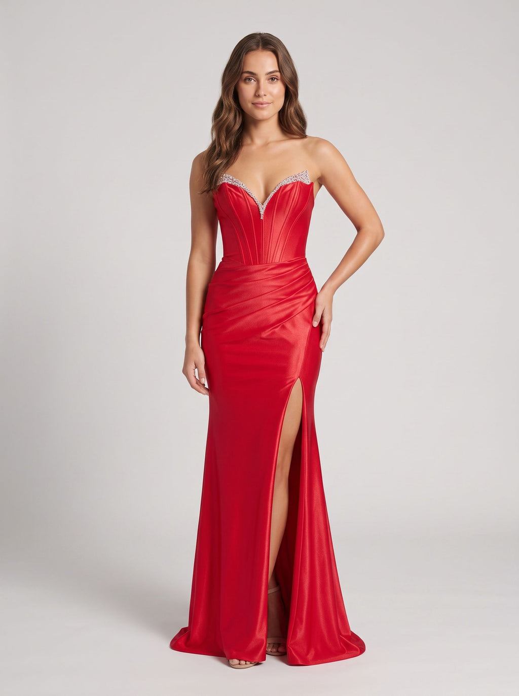 Red Satin Sheath V-Neck Corset Back Floor-Length Dress with Bead Trim and Slit