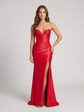 Red Satin Sheath V-Neck Corset Back Floor-Length Dress with Bead Trim and Slit