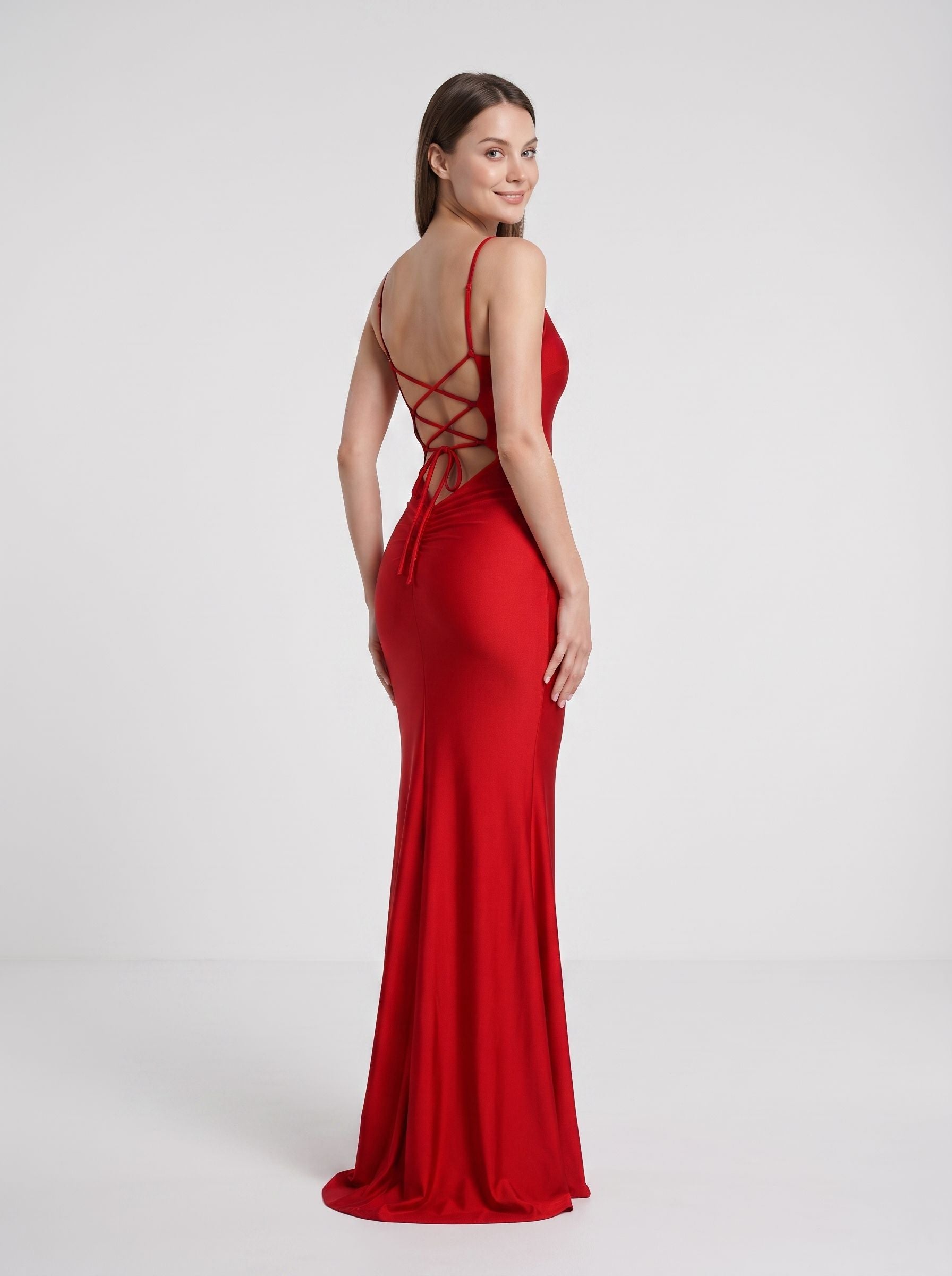 Red Satin Sheath V-Neck Criss-Cross Straps Floor-Length Dress with Faux-Wrap Bodice