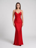 Red Satin Sheath V-Neck Criss-Cross Straps Floor-Length Dress with Faux-Wrap Bodice