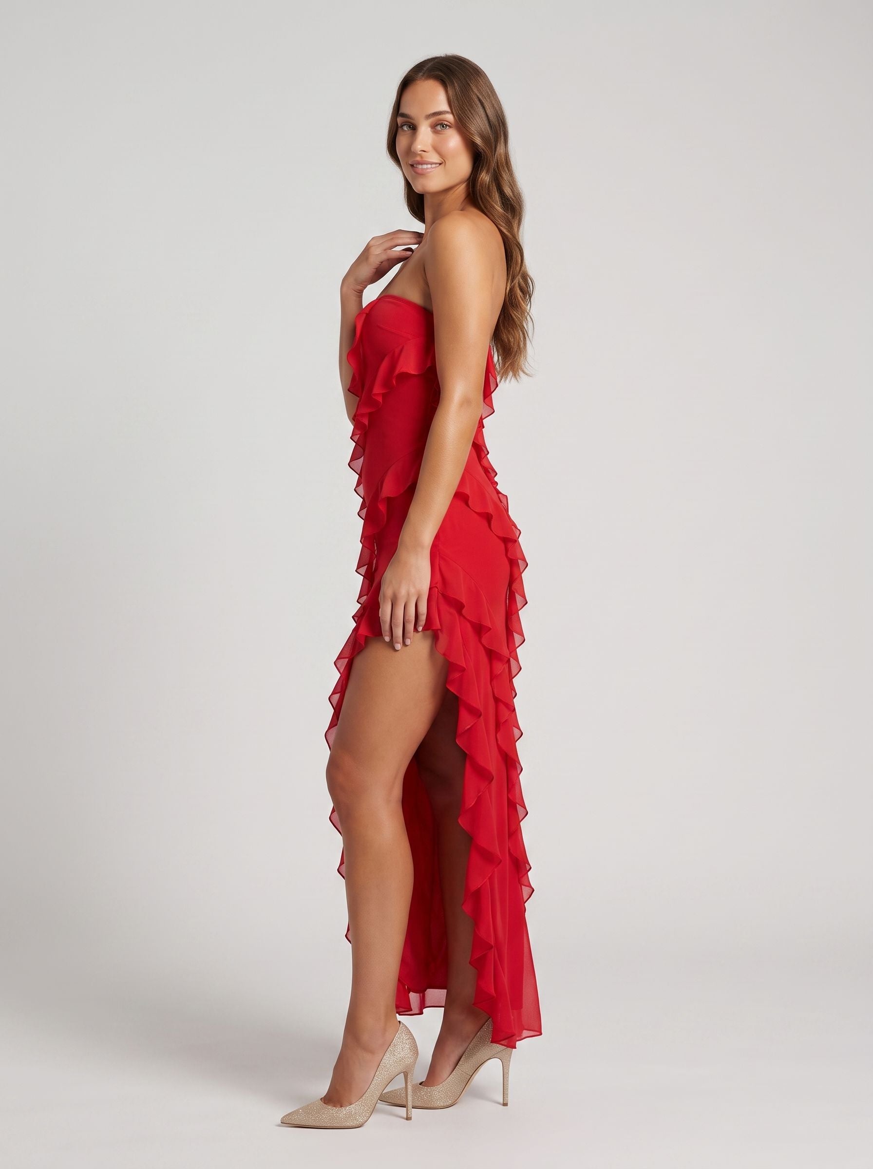 Red Stretch Knit Sheath Straight Neck Back Zip Floor-Length Dress with Cascading Ruffles