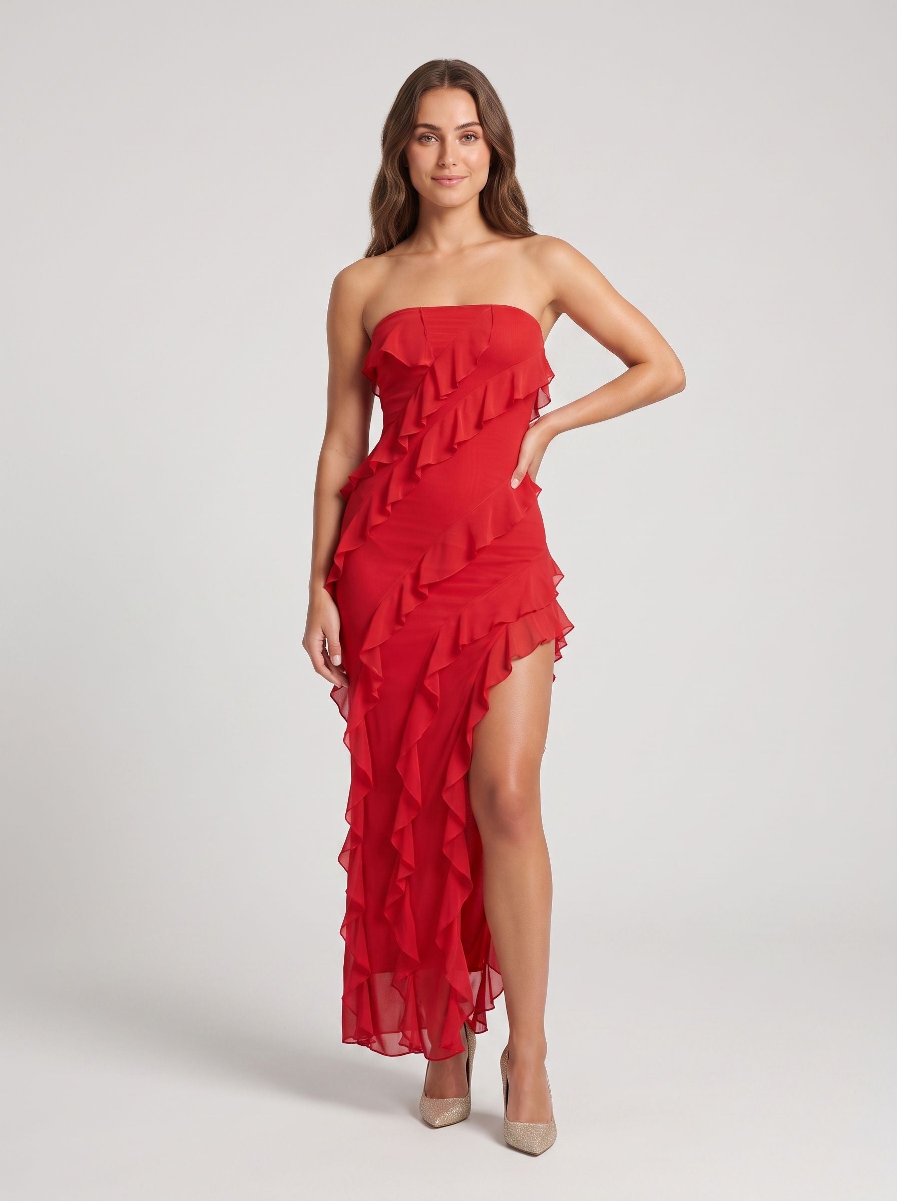 Red Stretch Knit Sheath Straight Neck Back Zip Floor-Length Dress with Cascading Ruffles