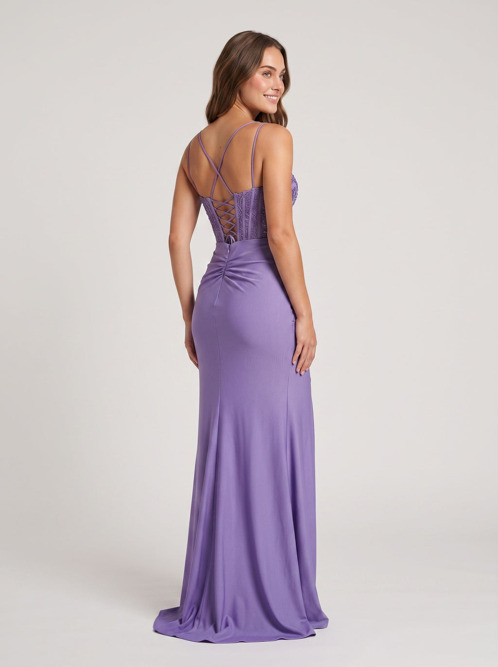 Mauve Stretch Knit column V-Neck Corset Back Floor-Length Dress with Slit and Train