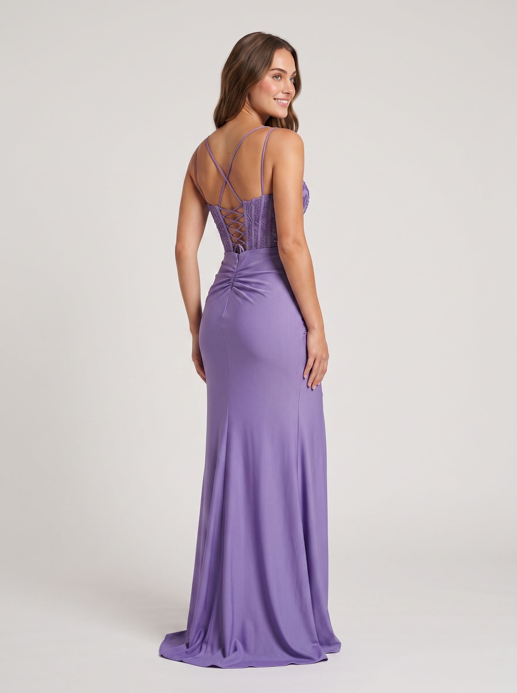 Mauve Stretch Knit column V-Neck Corset Back Floor-Length Dress with Slit and Train