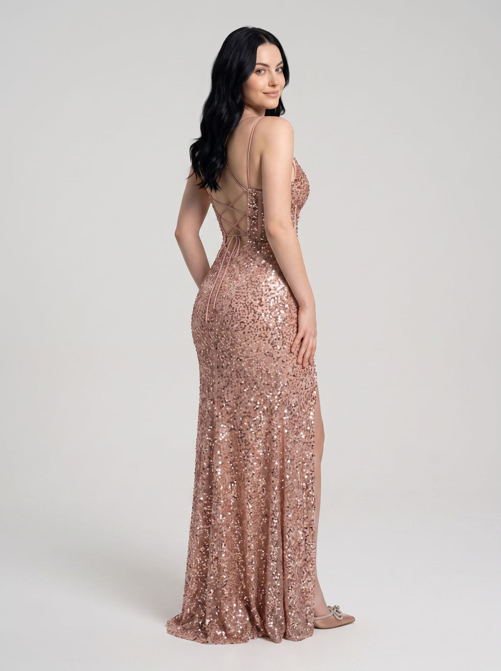 Rose Gold Beaded Mesh Sheath Sweetheart Lace-up Floor-Length Dress with Corset Bodice