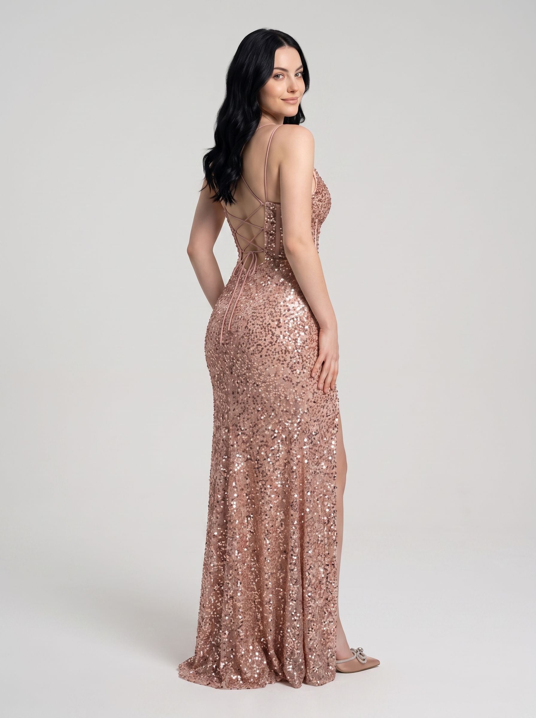 Rose Gold Beaded Mesh Sheath Sweetheart Lace-up Floor-Length Dress with Corset Bodice