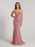 Rose Gold Beaded Tulle Sheath V-Neck Corset Back Floor-Length Dress with Sweep Train