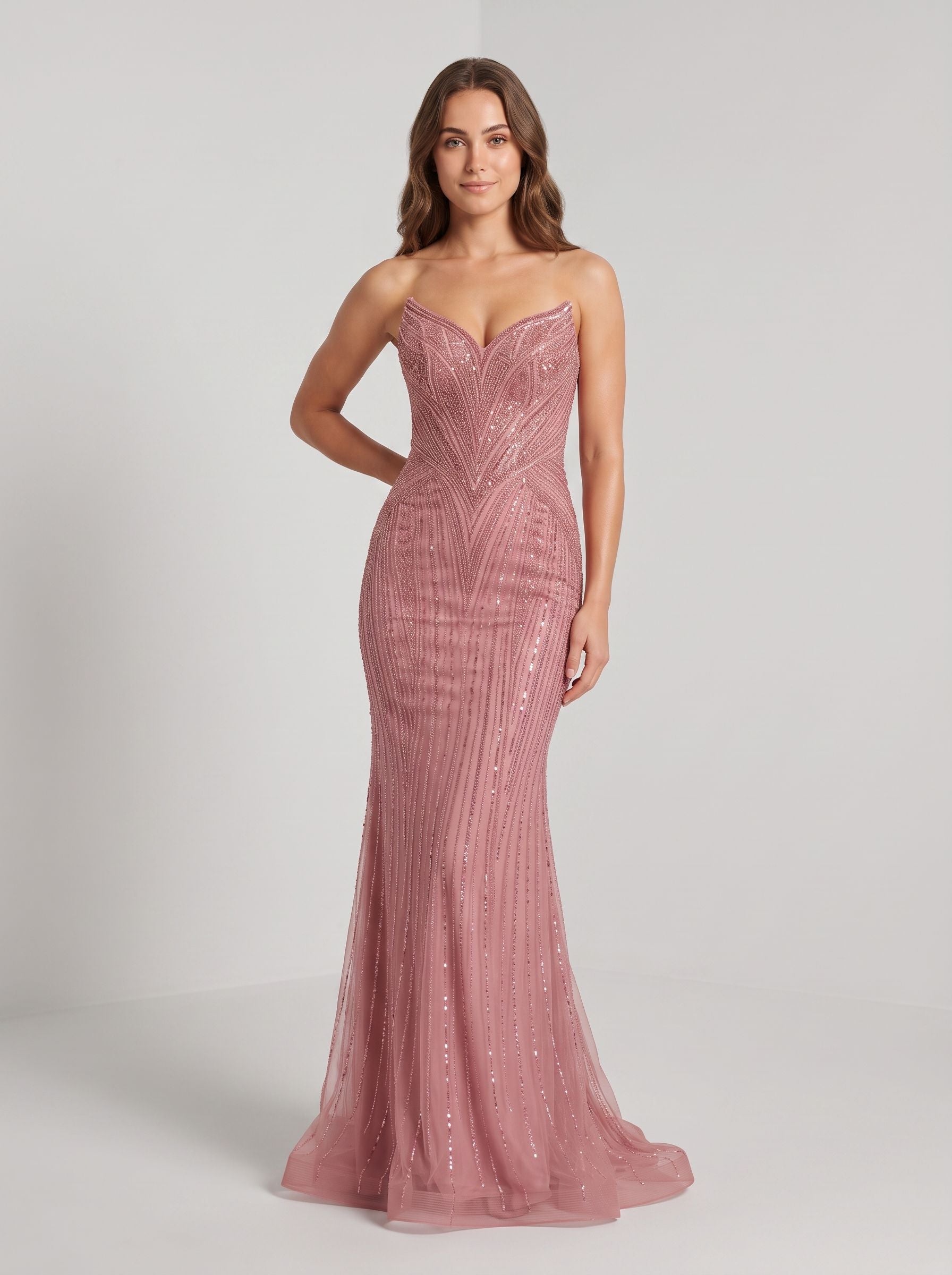Rose Gold Beaded Tulle Sheath V-Neck Corset Back Floor-Length Dress with Sweep Train