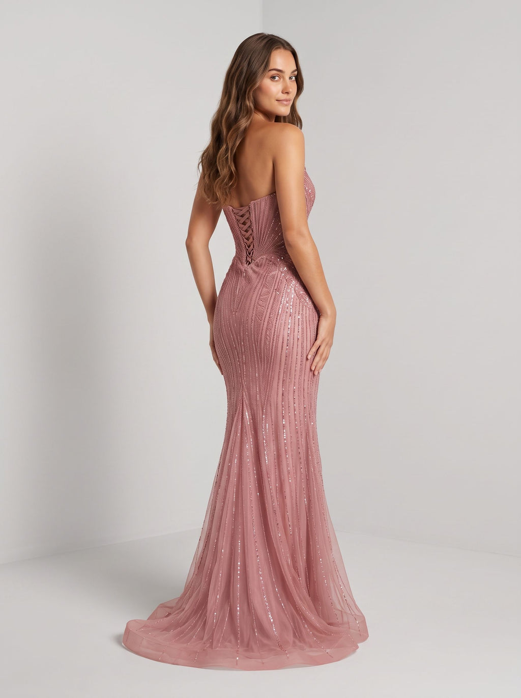 Rose Gold Beaded Tulle Sheath V-Neck Corset Back Floor-Length Dress with Sweep Train