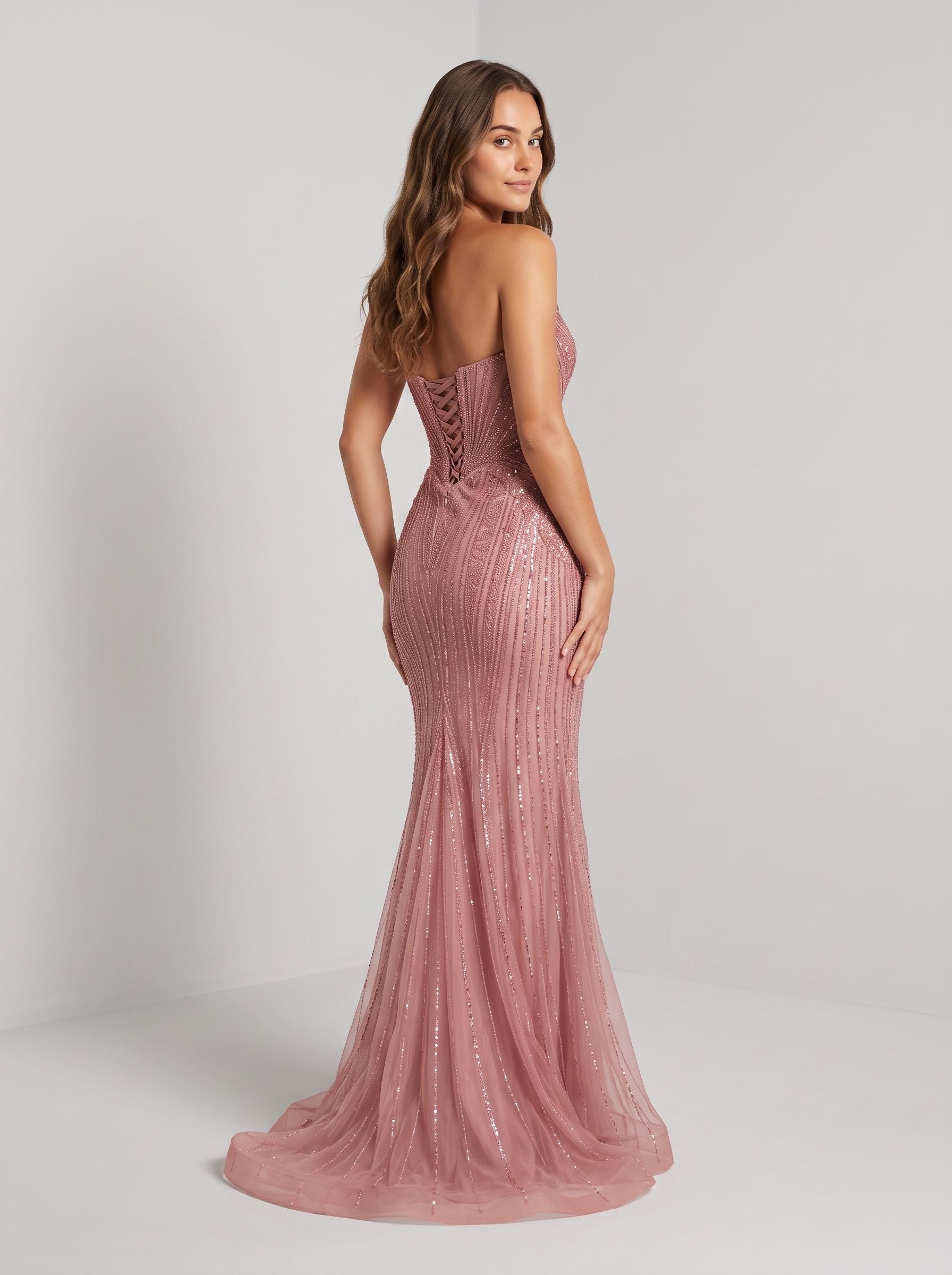 Rose Gold Beaded Tulle Sheath V-Neck Corset Back Floor-Length Dress with Sweep Train