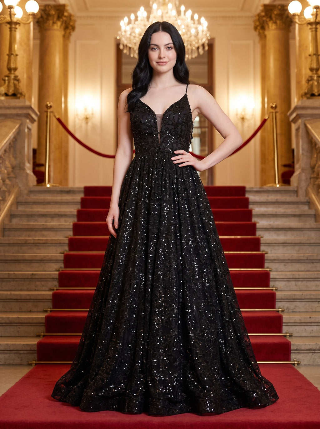 Black Mesh A-Line V-Neck Lace-up Floor-Length Dress with Pleated Bodice