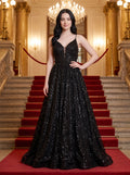 Black Mesh A-Line V-Neck Lace-up Floor-Length Dress with Pleated Bodice