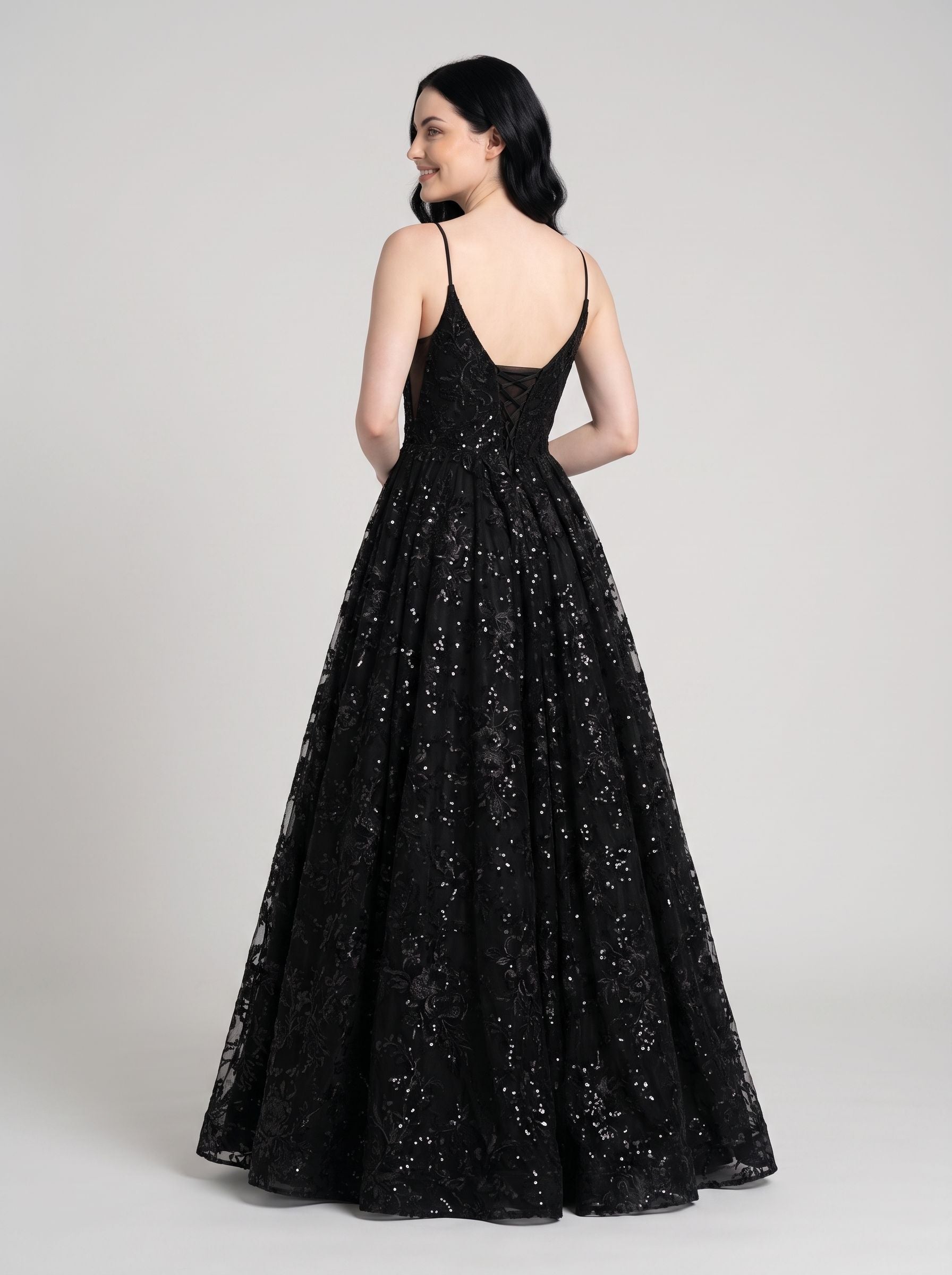 Black Mesh A-Line V-Neck Lace-up Floor-Length Dress with Pleated Bodice