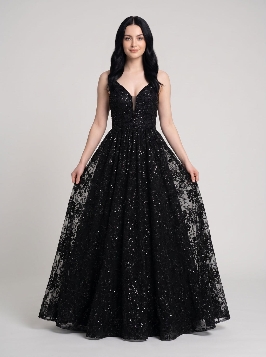 Black Mesh A-Line V-Neck Lace-up Floor-Length Dress with Pleated Bodice
