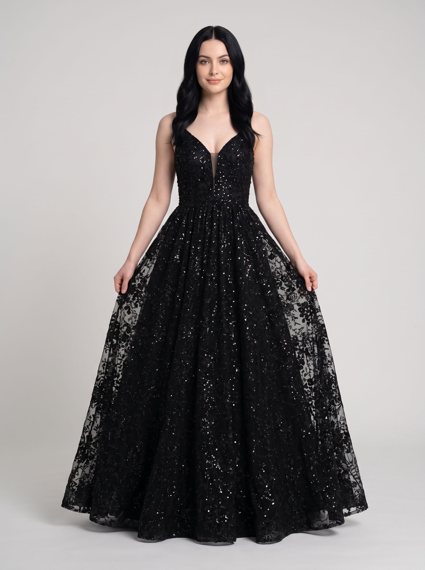 Black Mesh A-Line V-Neck Lace-up Floor-Length Dress with Pleated Bodice