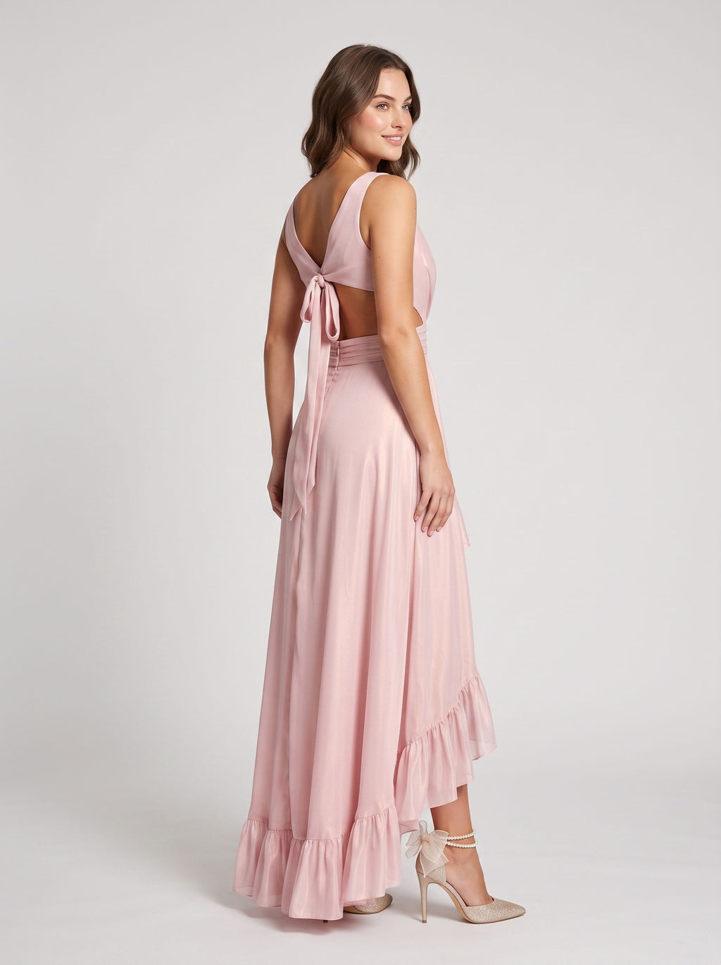 Blushing Pink Mesh A-Line V-Neck Bow Asymmetrical Dress with Ruffled Hem