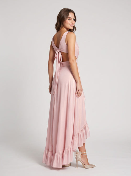 Blushing Pink Mesh A-Line V-Neck Bow Asymmetrical Dress with Ruffled Hem