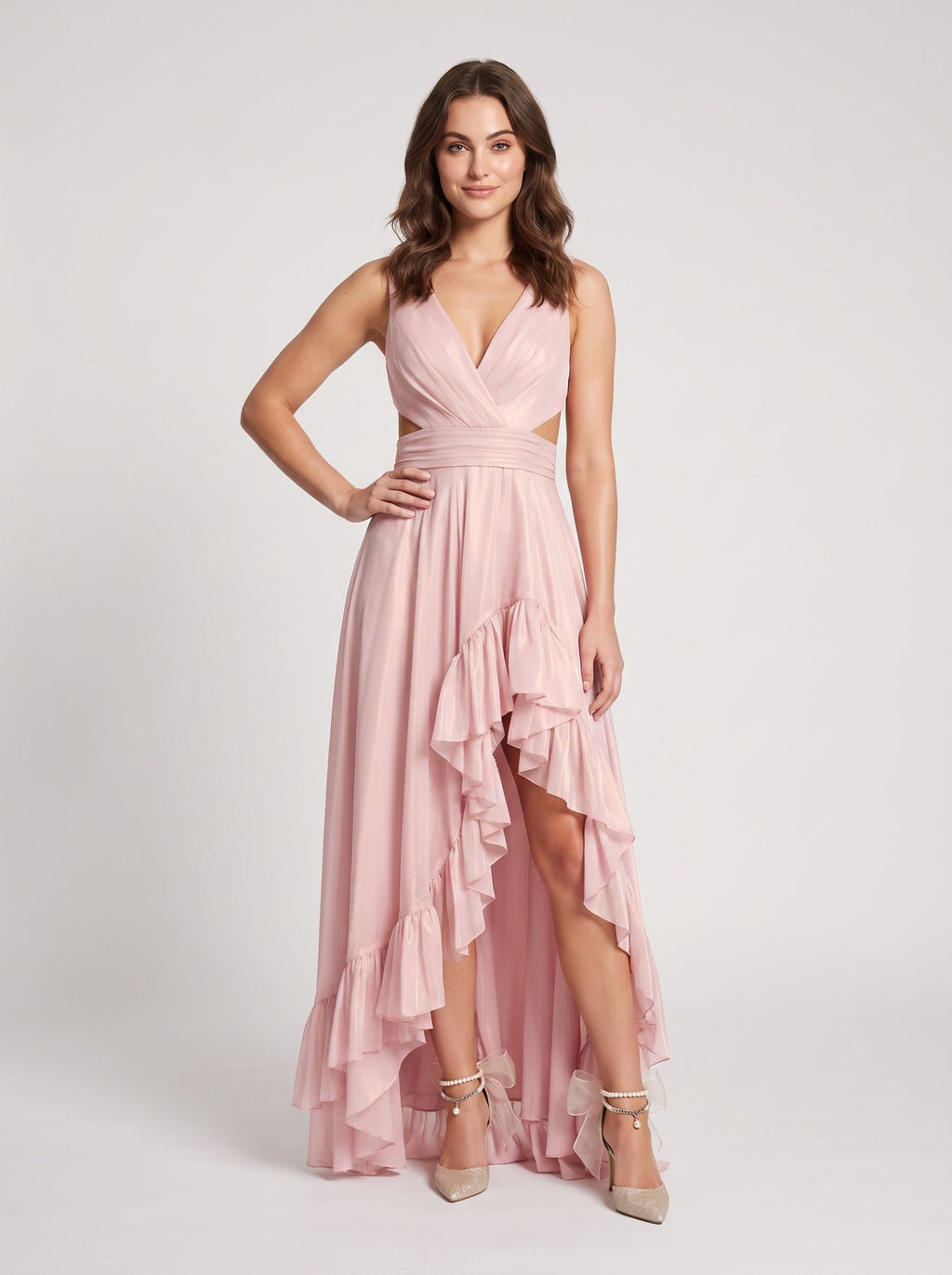Blushing Pink Mesh A-Line V-Neck Bow Asymmetrical Dress with Ruffled Hem