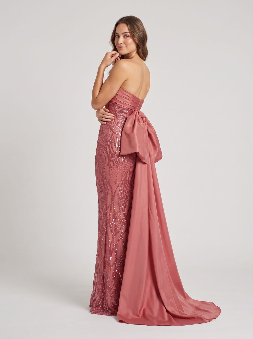 Rose Gold Sequin Mermaid Straight Neck Bow Floor-Length Dress with Oversized back bow
