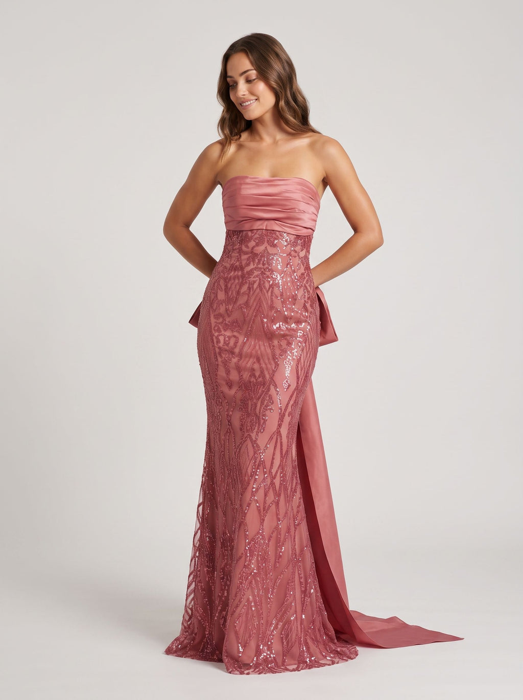 Rose Gold Sequin Mermaid Straight Neck Bow Floor-Length Dress with Oversized back bow