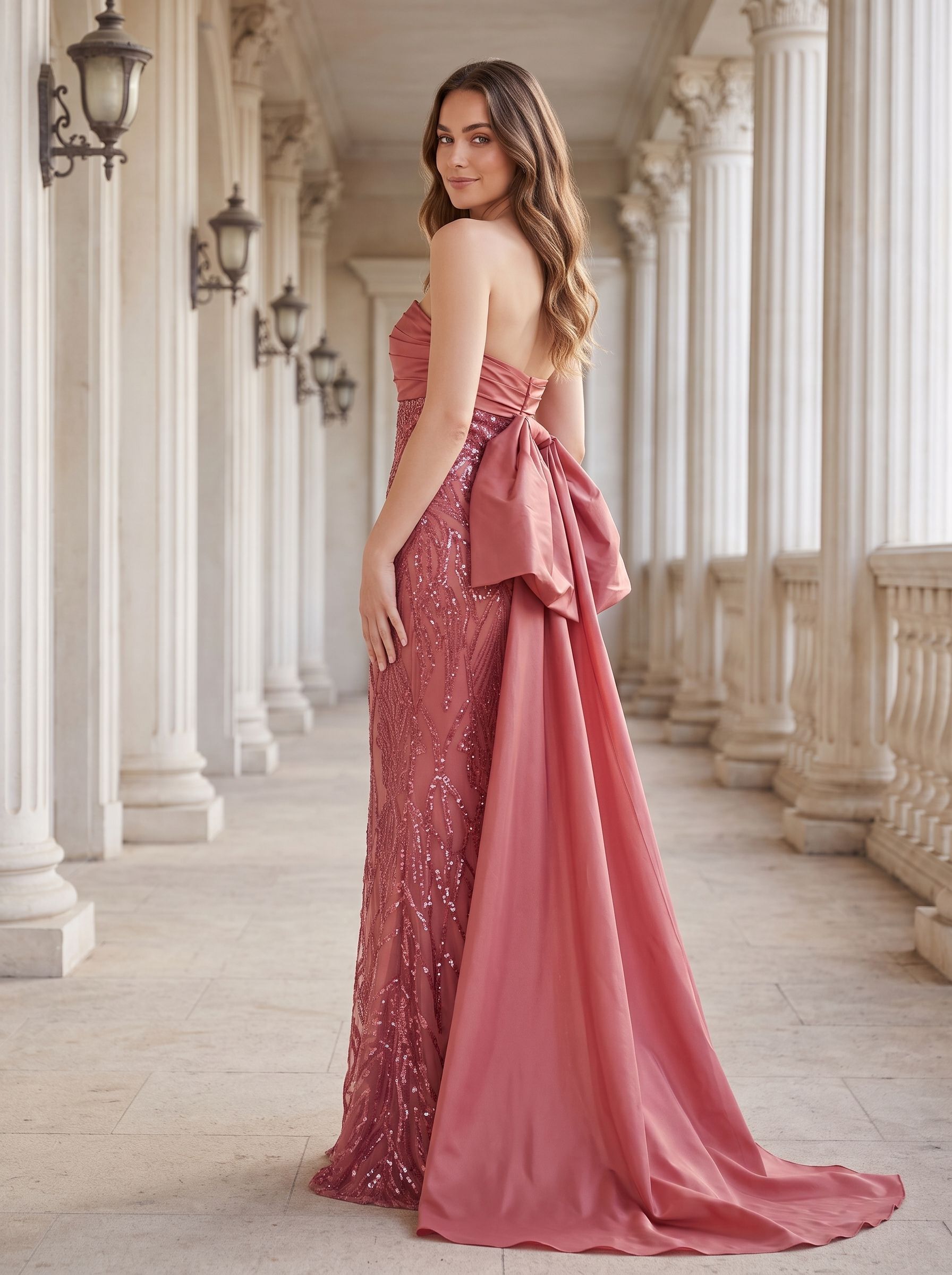 Rose Gold Sequin Mermaid Straight Neck Bow Floor-Length Dress with Oversized back bow