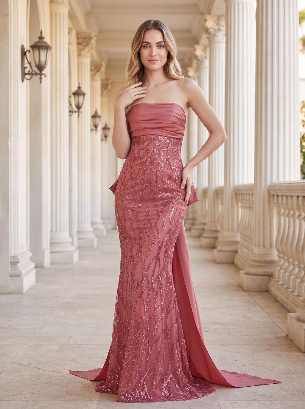 Rose Gold Sequin Mermaid Straight Neck Bow Floor-Length Dress with Oversized back bow