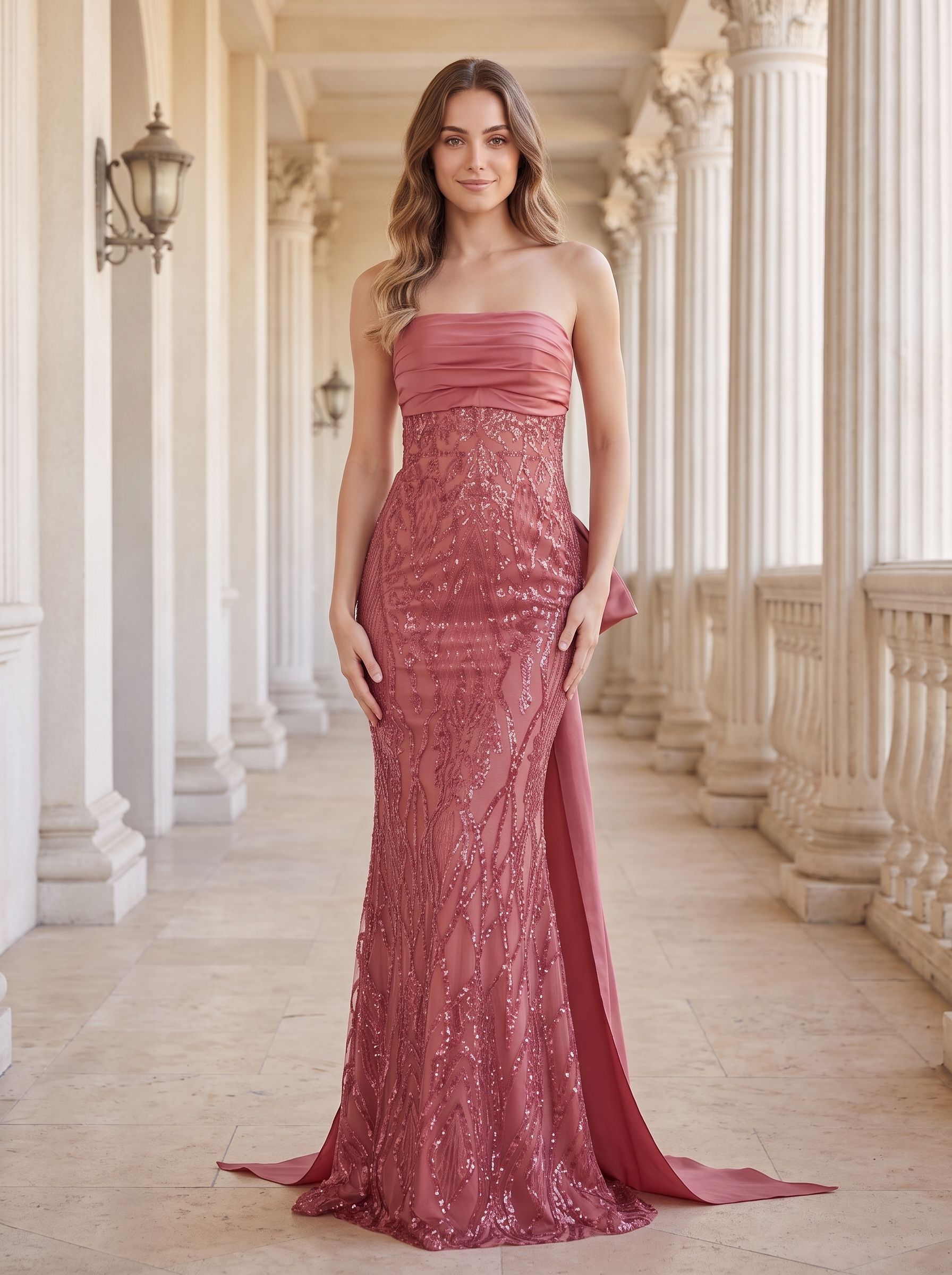 Rose Gold Sequin Mermaid Straight Neck Bow Floor-Length Dress with Oversized back bow