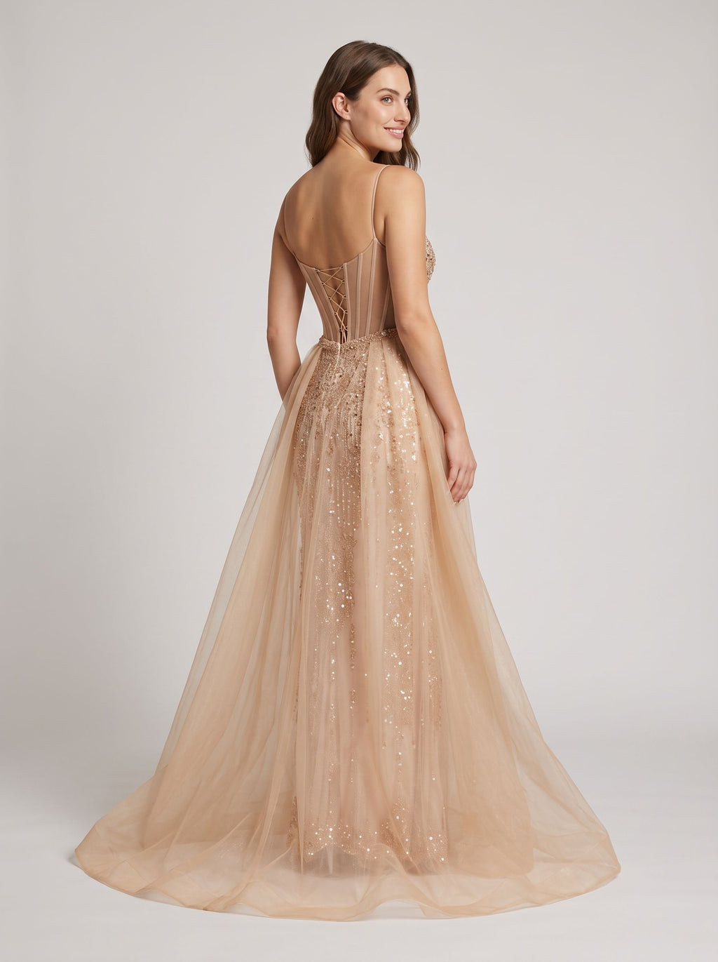 Pink Tulle A-Line Straight Neck Corset Back Floor-Length Dress with Detachable overskirt