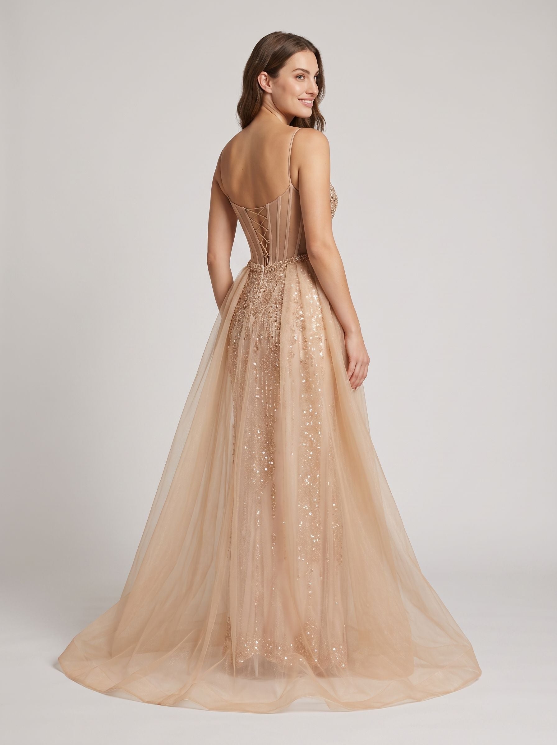 Pink Tulle A-Line Straight Neck Corset Back Floor-Length Dress with Detachable overskirt