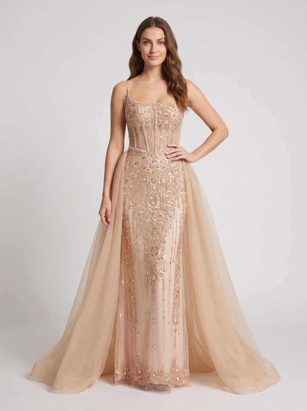 Pink Tulle A-Line Straight Neck Corset Back Floor-Length Dress with Detachable overskirt
