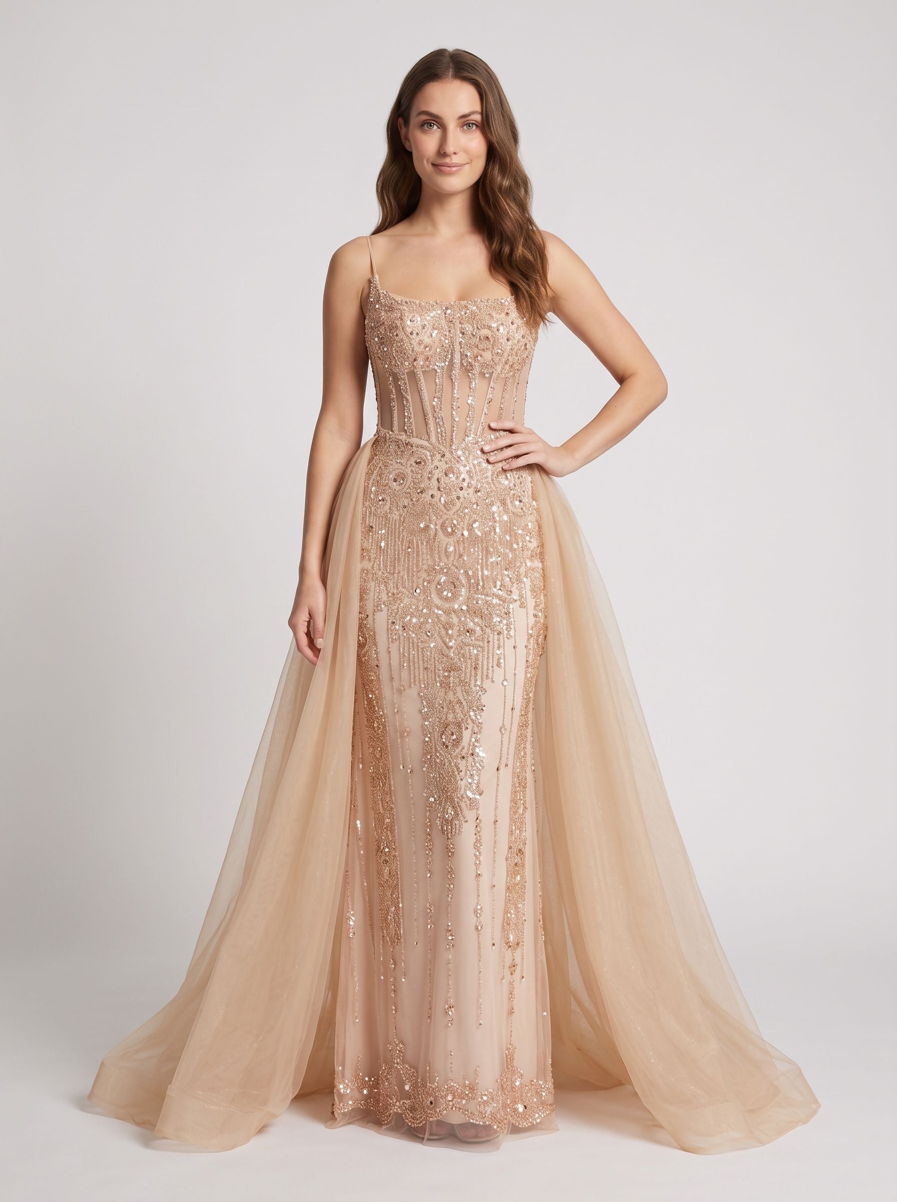 Pink Tulle A-Line Straight Neck Corset Back Floor-Length Dress with Detachable overskirt