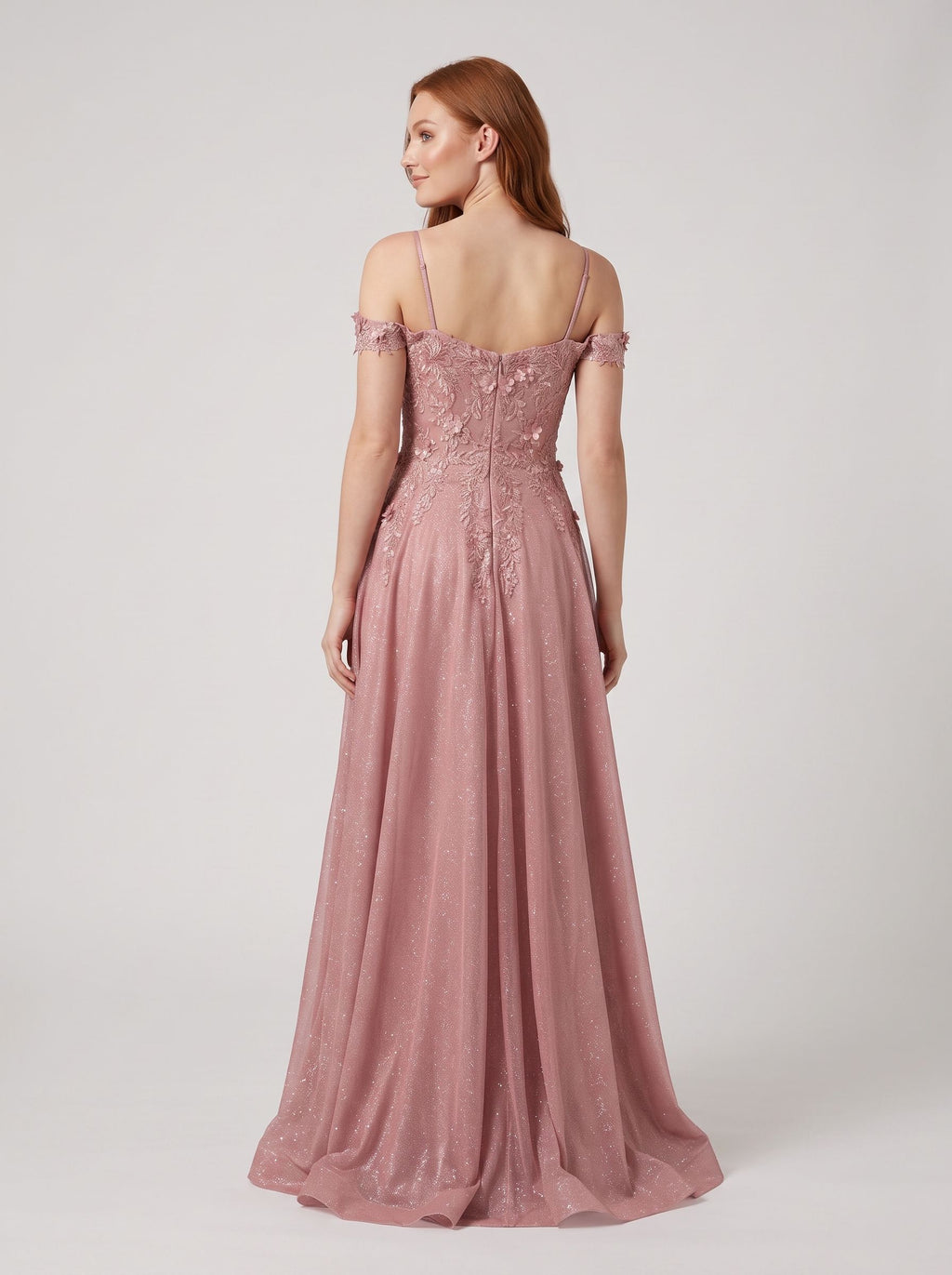Rose Pink Glitter Tulle A-Line Off-the-Shoulder Back Zip Floor-Length Dress with Embroidered Bodice