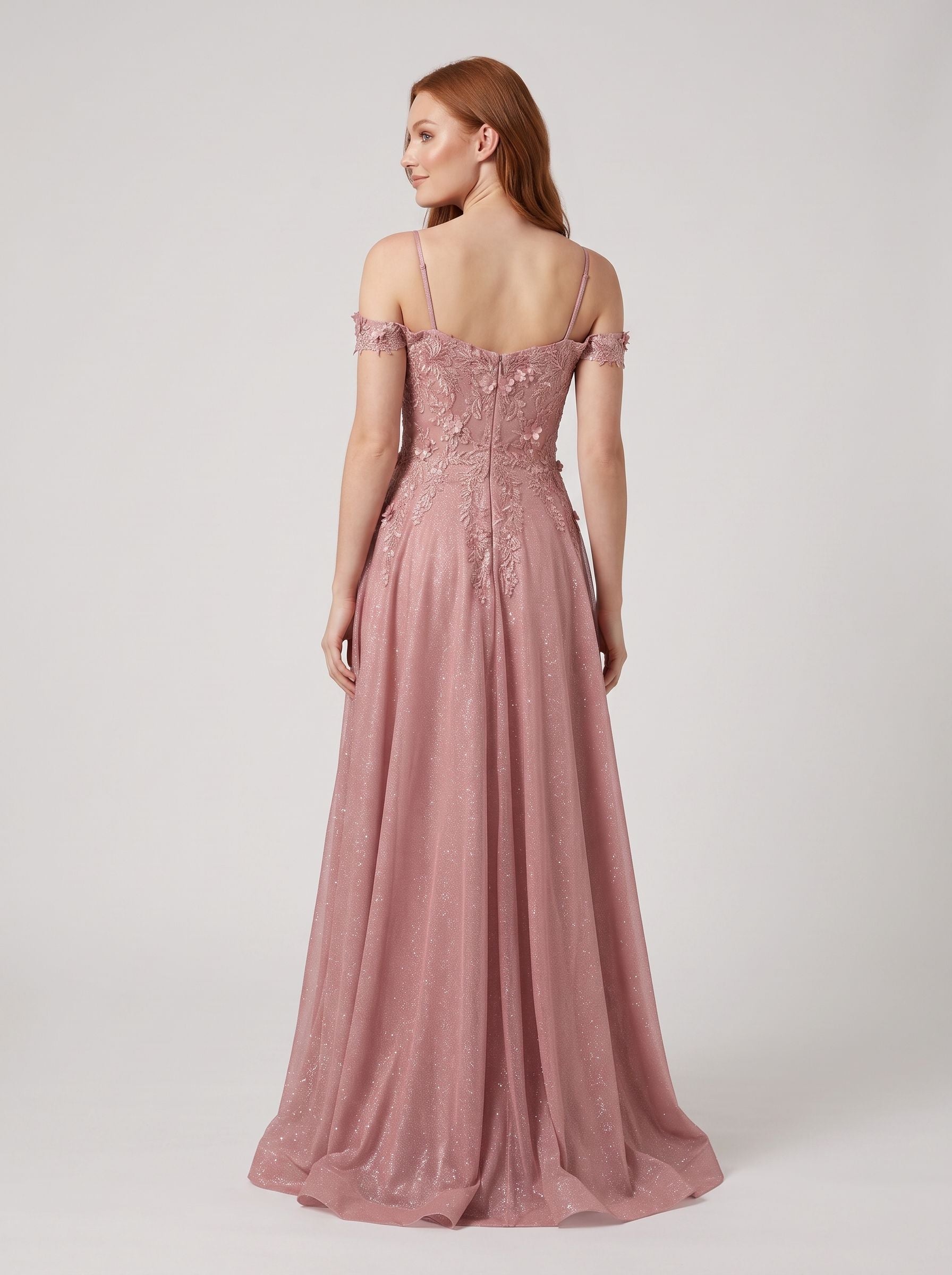 Rose Pink Glitter Tulle A-Line Off-the-Shoulder Back Zip Floor-Length Dress with Embroidered Bodice
