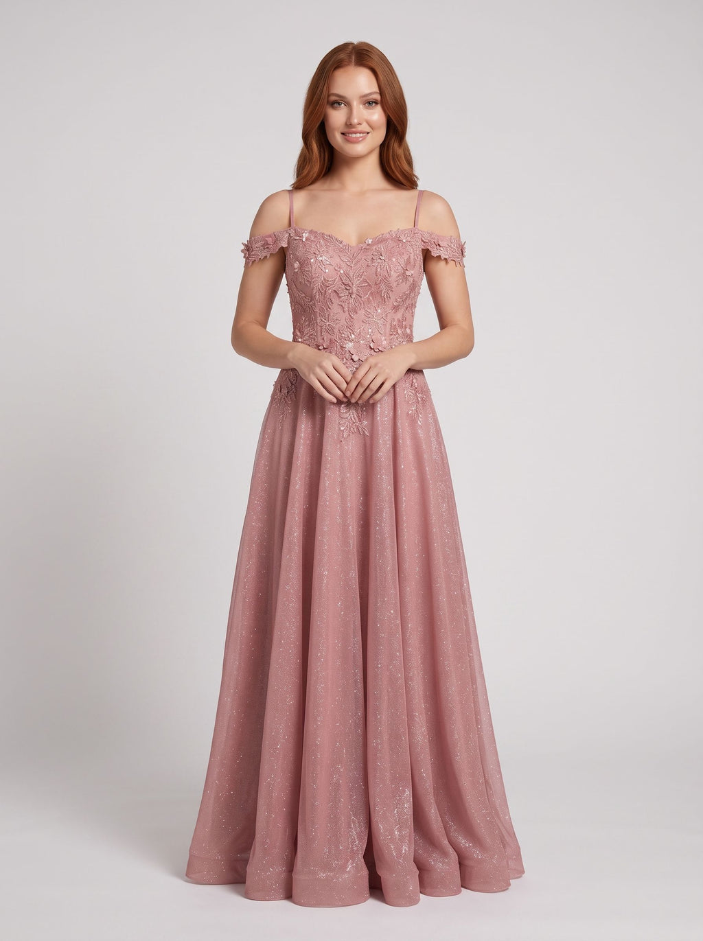 Rose Pink Glitter Tulle A-Line Off-the-Shoulder Back Zip Floor-Length Dress with Embroidered Bodice