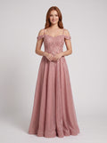Rose Pink Glitter Tulle A-Line Off-the-Shoulder Back Zip Floor-Length Dress with Embroidered Bodice