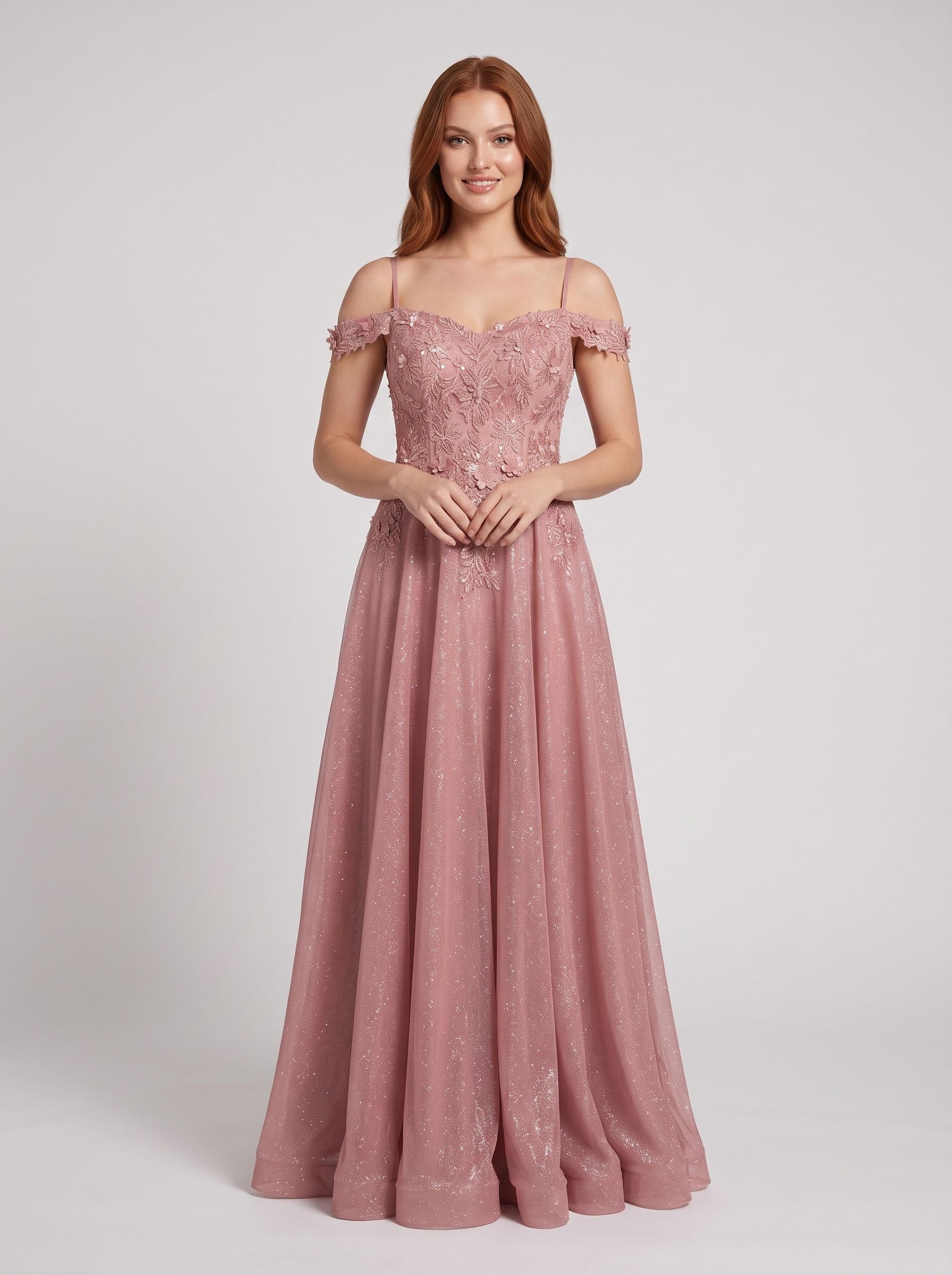 Rose Pink Glitter Tulle A-Line Off-the-Shoulder Back Zip Floor-Length Dress with Embroidered Bodice