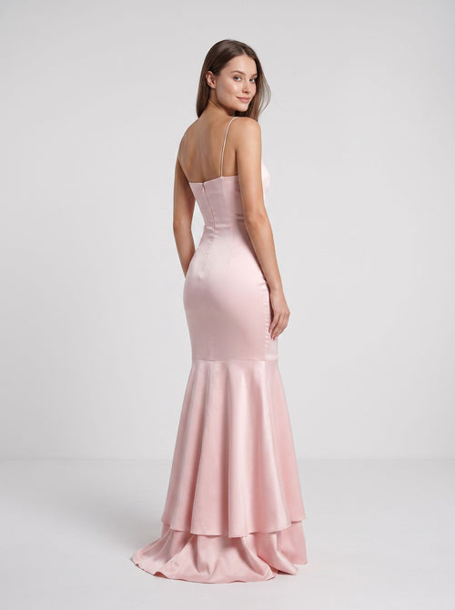 Blushing Pink Satin Mermaid Straight Neck Back Zip Floor-Length Dress with Side Slit