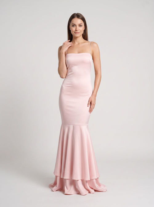 Blushing Pink Satin Mermaid Straight Neck Back Zip Floor-Length Dress with Side Slit