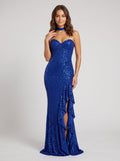 Royal Blue Beaded Mesh Mermaid V-Neck Corset Back Floor-Length Dress with Ruffle Slit