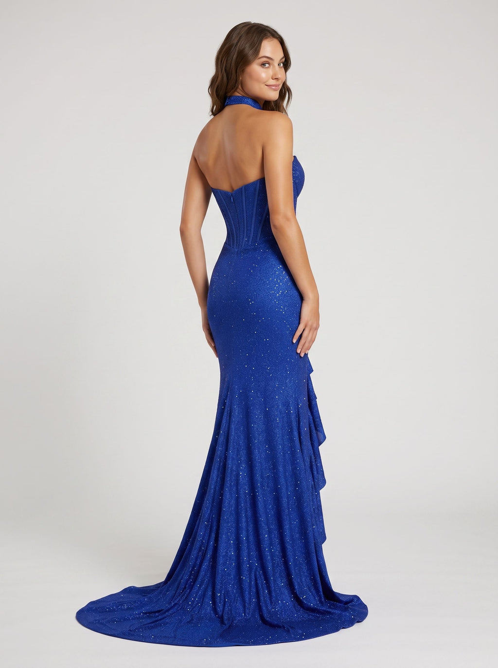 Royal Blue Beaded Mesh Mermaid V-Neck Corset Back Floor-Length Dress with Ruffle Slit