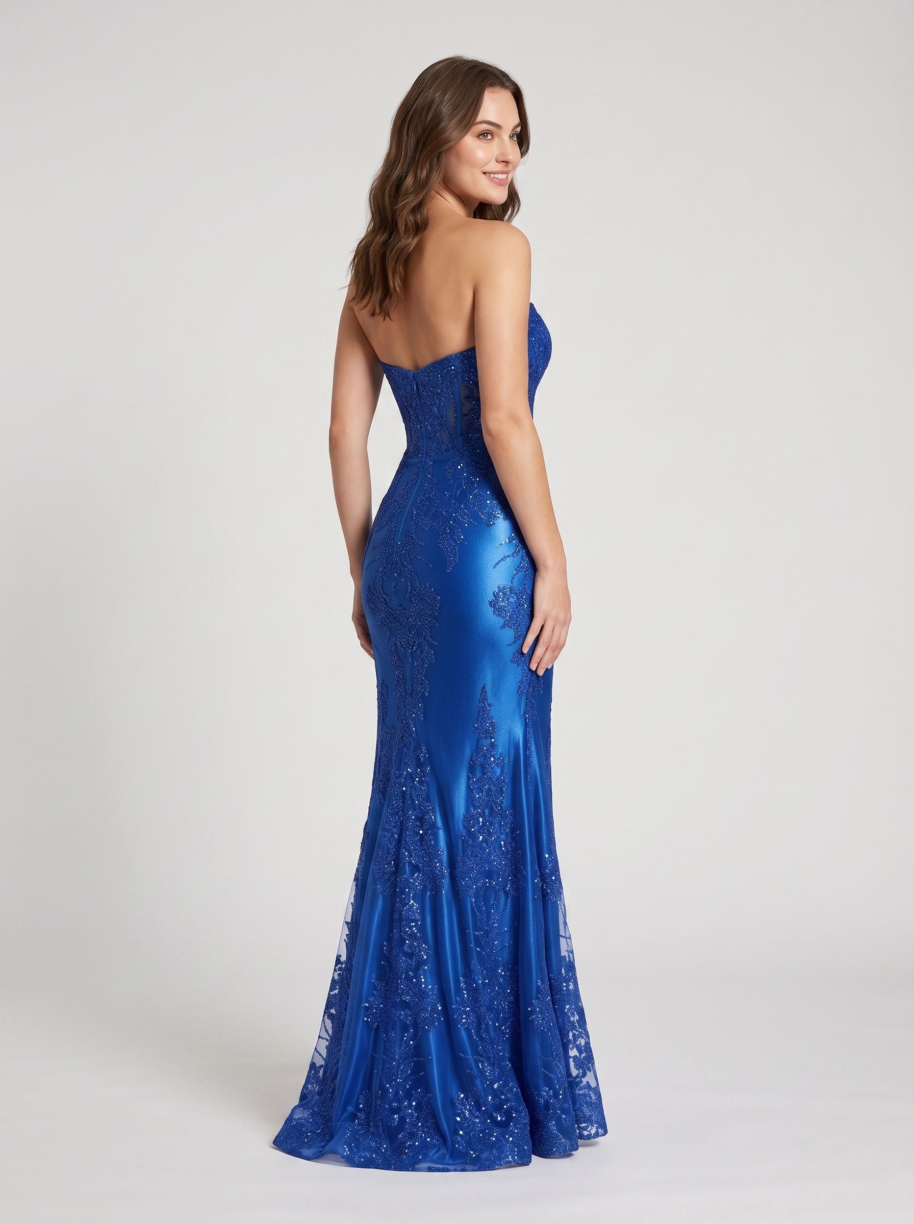 Royal Blue Glitter Mesh Mermaid Sweetheart Corset Back Floor-Length Dress with Sheer Corset Bodice