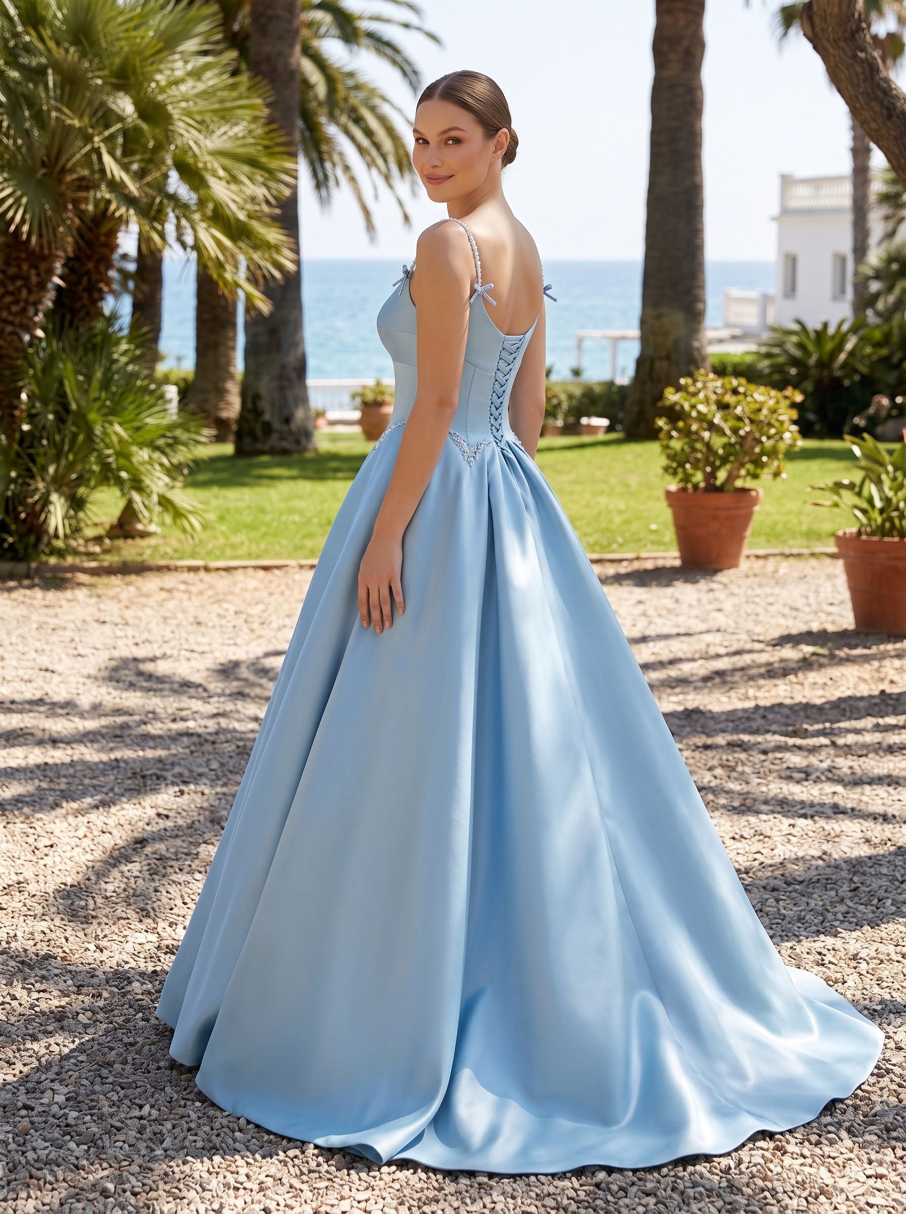 Sky Blue Satin A-Line Scoop Neck Lace-up Floor-Length Dress with Pleated Bodice