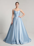 Sky Blue Satin A-Line Scoop Neck Lace-up Floor-Length Dress with Pleated Bodice