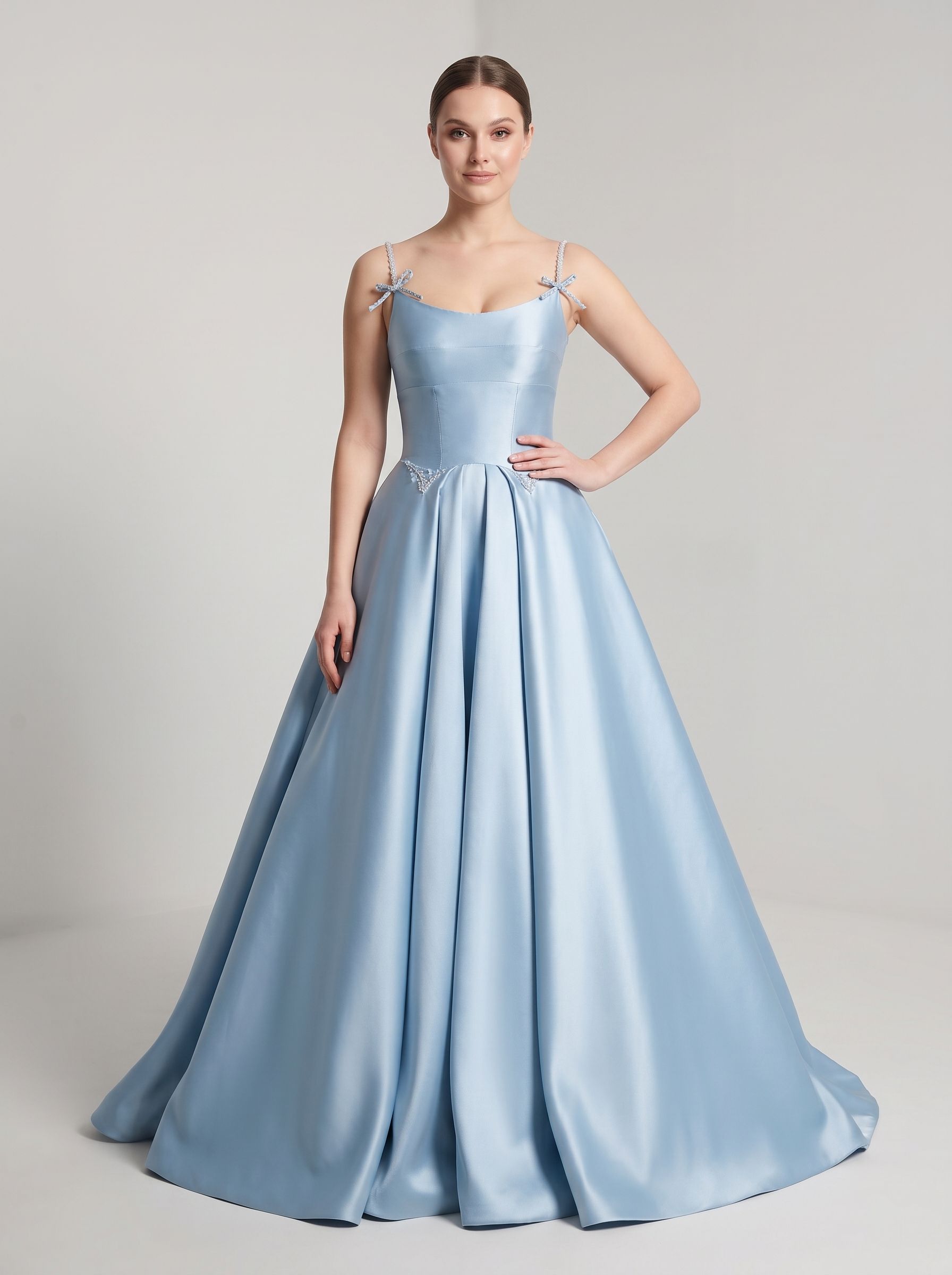 Sky Blue Satin A-Line Scoop Neck Lace-up Floor-Length Dress with Pleated Bodice